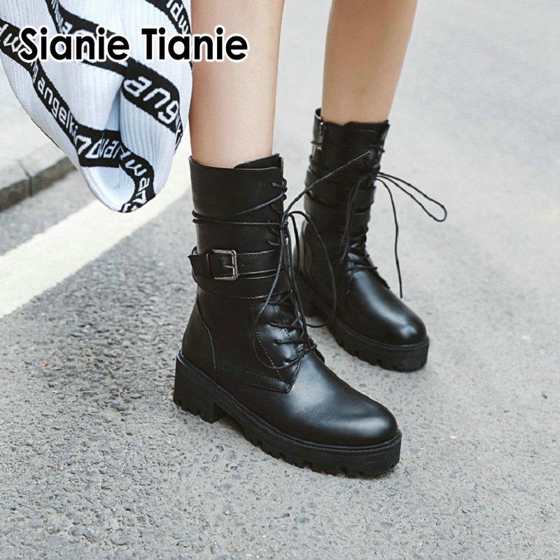 

Sianie Tianie 2020 new hot sales black white round toe platform motorcyle boots punk buckle strap lace up women boots