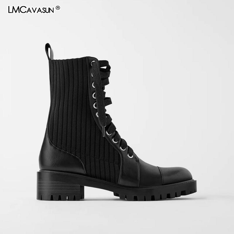 

LMCAVASUN Women Knitted Winter Boots Platform Boots Lace up Ankle for Women Chunky Heels Shoes Woman, Black