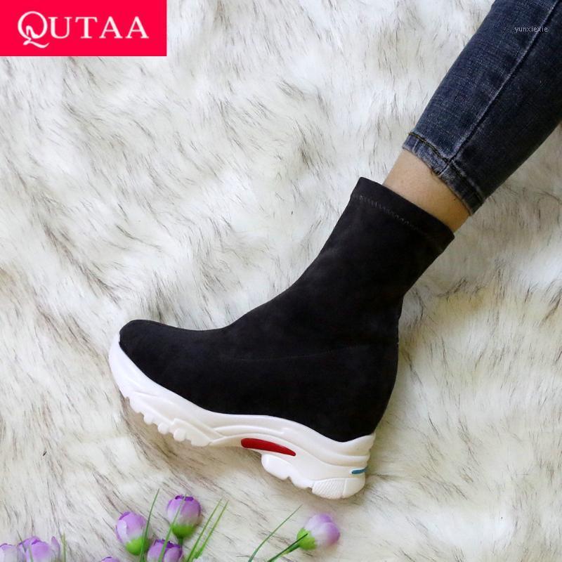 

QUTAA 2021 Ankle Boots Platform Casual Winter Boots Stretch Flock Autumn Winter Wedges Heel Round Toe Women Shoes Size 35-431, Black