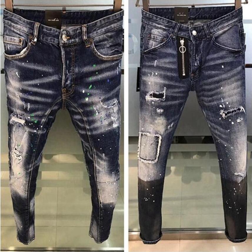 

Mens Cool Italian Brand Pencil Jeans ny Ripped Dtroyed Stretch Slim Fit Hop With Hol For Men Top quality, Blue