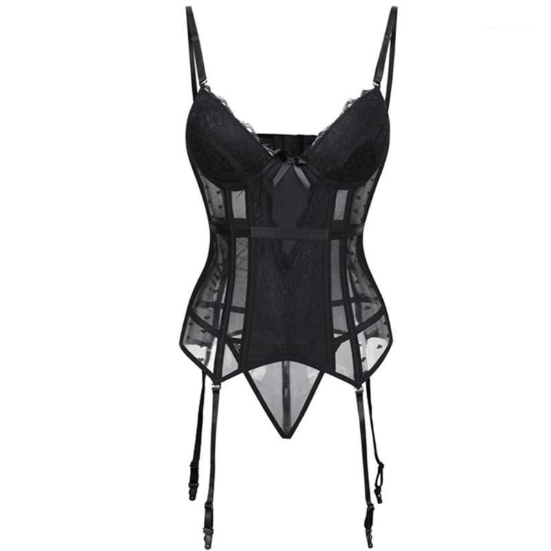 

Sexy Women' Removable Straps Lingerie Transparent Lingerie Lace Trimmer Padded Underwired Basque Corset Bustier With Suspenders1, Black