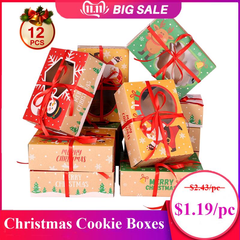 

12pcs Christmas Cookie Boxes High Quality Kraft Paper Boxes with 1 Roll/22m Ribbons Gift Candies for Christmas Party