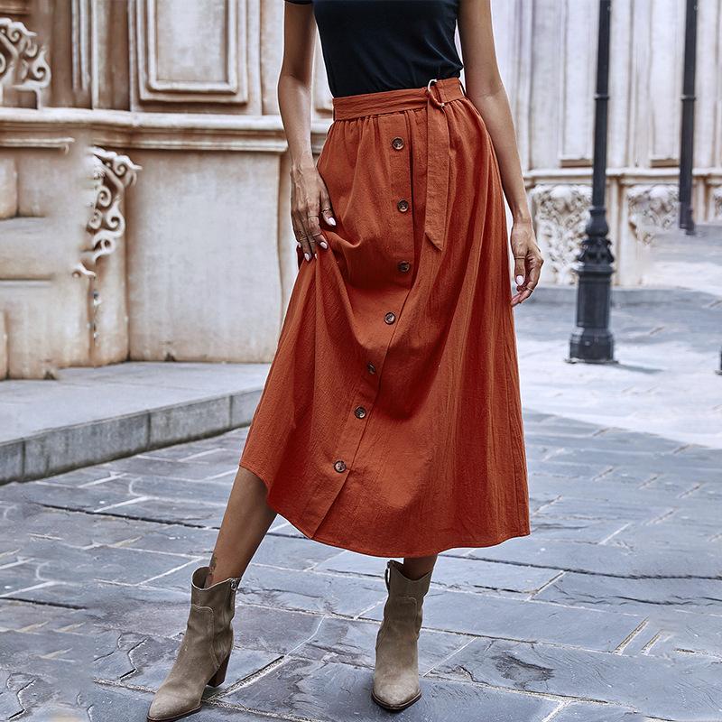 

Brick Red Elegant Single-breasted A-line Vintage Skirts Womens Plus Size Casual Office Lady Fall 2020 New Harajuku Skirt Mujer