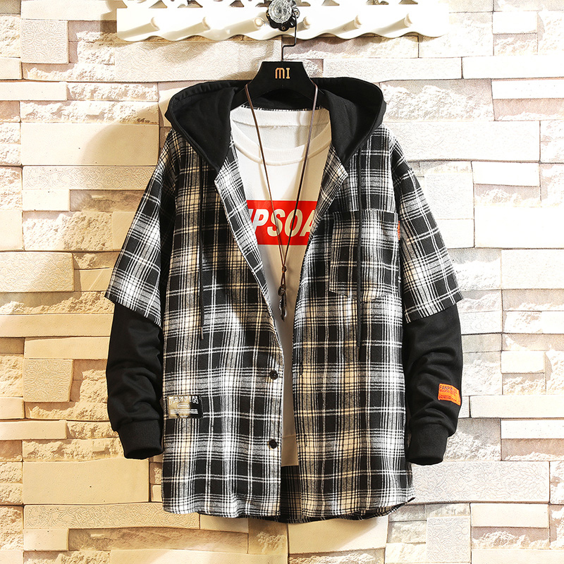 

2021 New Hip Hop Streetwear Casual Plaid Shirt Men Long Sleeve High Quality with Hooded 71vb, Asian size 1947 b
