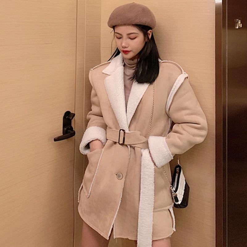 

EWQ] 2020 Winter Female New Casual Turn Down Collar Long-sleeved Minimalist Patchwork Lambfur Lace Up Woolen Top Overcoat 8Q376, Black