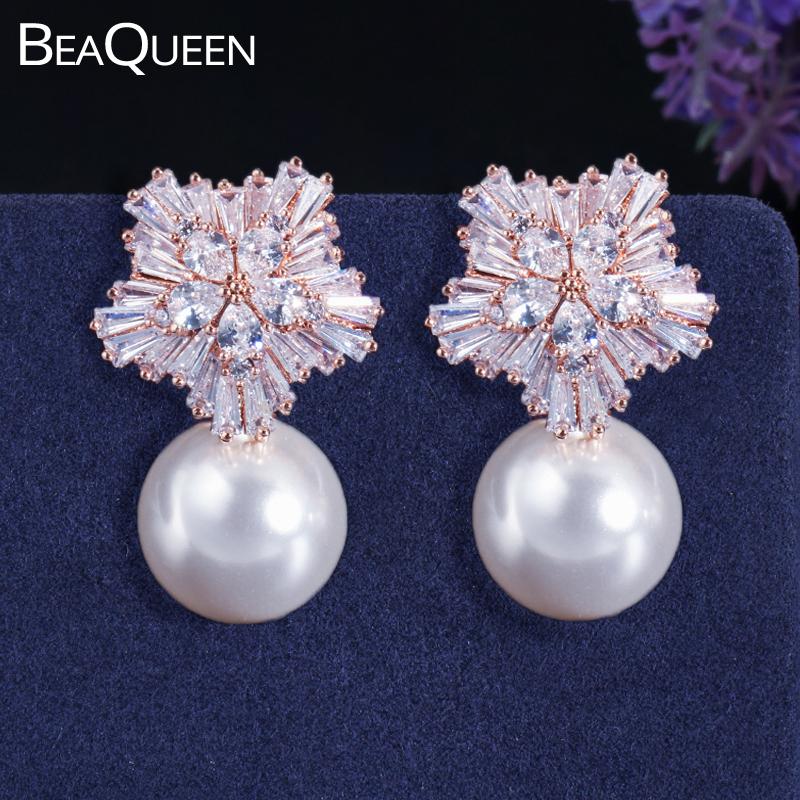 

BeaQueen Elegant Rose Gold Color Snowflake Flower Cubic Zirconia Big Round Pearl Stud Earrings Fashion Jewelry for Women E026