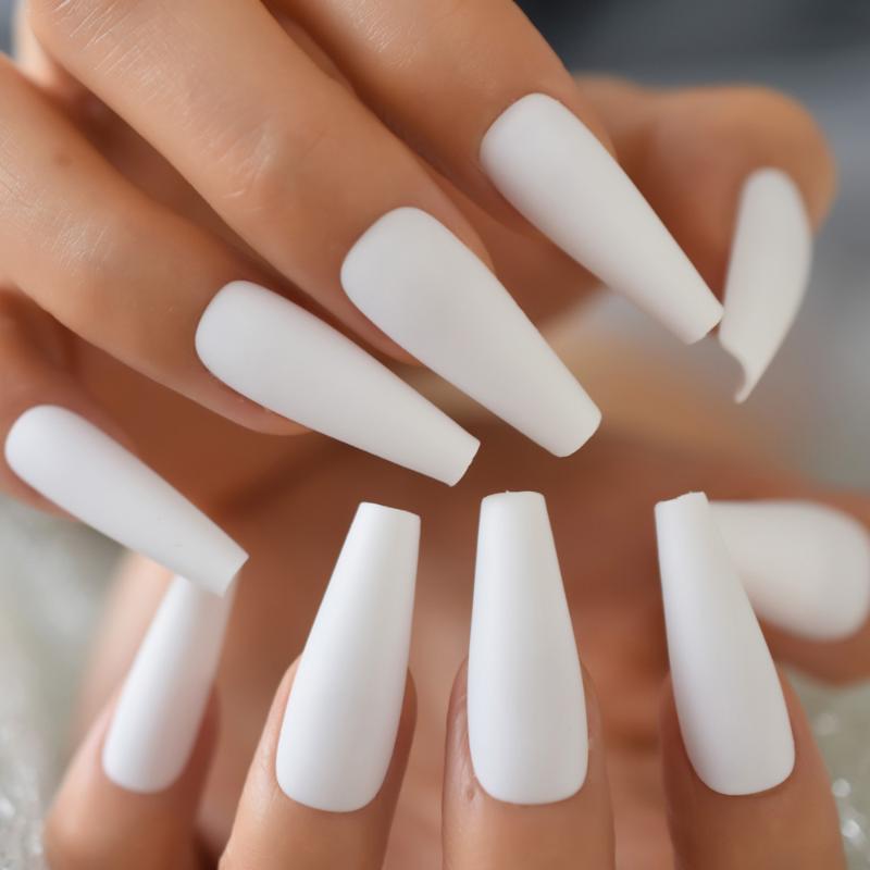 

Super Long Fake Nails Coffin Matte White Press on Nails Ballerina Acrylic False Tips Cosplay Party Salon Office Lady Girls, L5778