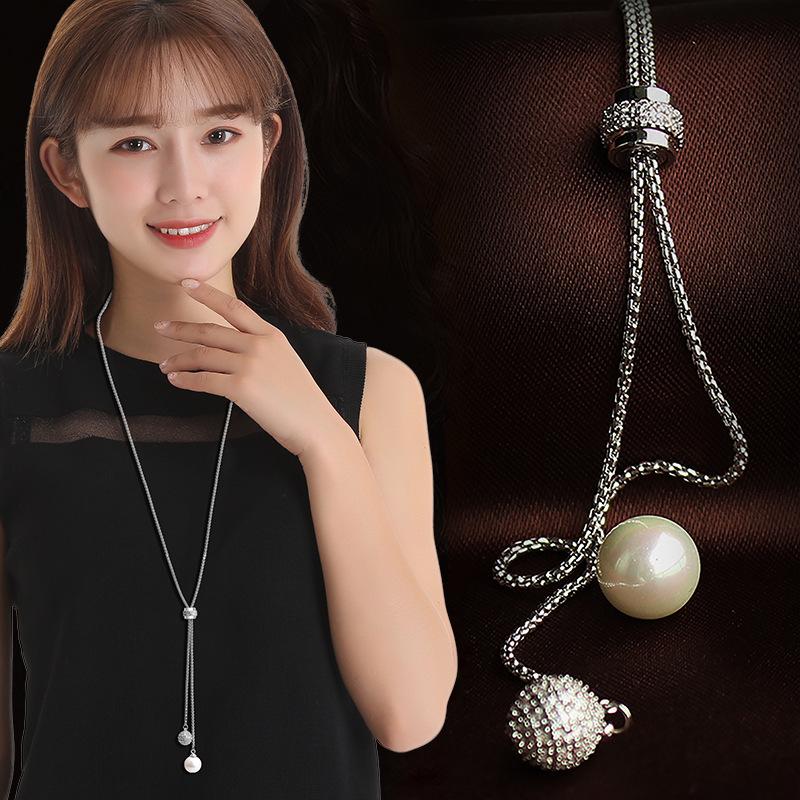 

Simple Rhinestone Ball Long Tassel Necklace Shell Pearl Pendant Necklace Women's Decorative Accessories Sweater Chain