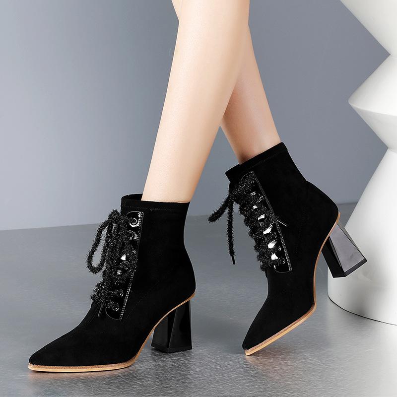 

High-heeled boots 2020 autumn and winter lace-up thick-heeled sexy thin boots short-tube pointed toe fashion, Black