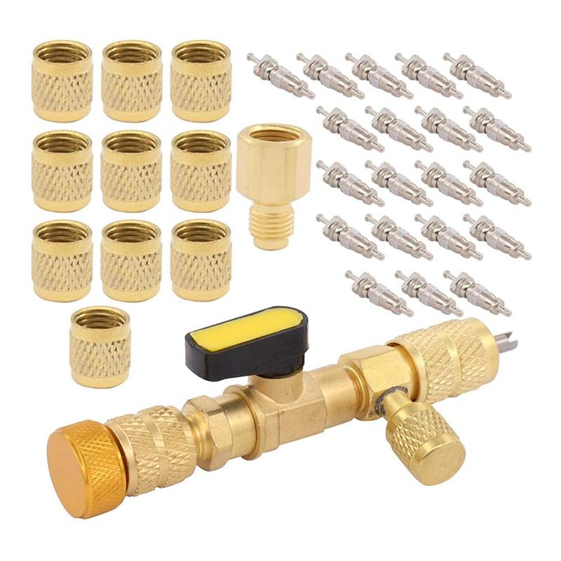 

A/C Valve Core Remover Installer Tool Kit R134A and Dual Size SAE 1/4 5/16 Port with R410 Brass Adapter and Nut