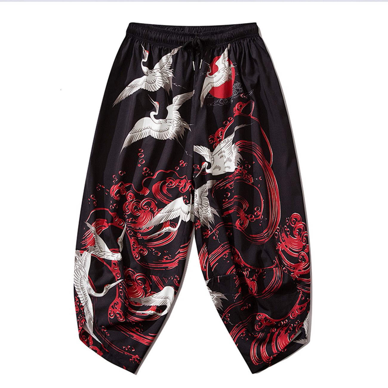 

2021 New Hip Hop Crane Red Cloud Print Calf-length Pants Japanese Thin Harajuku Jogger Men Trousers Streetwear Baggy Sweatpants 5hod, Black