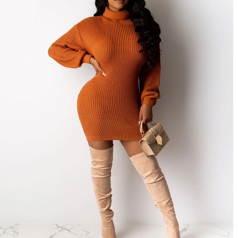 

2020 New Fashion Women Long Sleeve Solid Color Knitted Dress Autumn Winter Turtleneck Bodycon Causal Mini Sweater Dress, Black