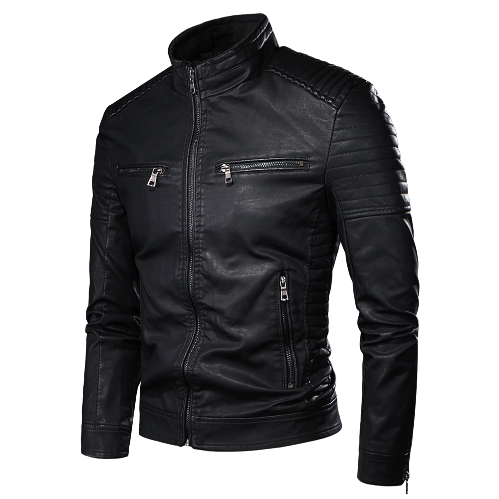 

Retro leather jacket men spring motorcycle pocket design PU leather jacket, Black
