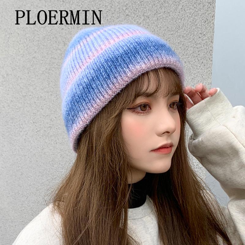 

PLOERMIN Winter Women Hat 2020 New Autumn Faux Fur Female Warm Knitted Hats Girl Bonnet Femme Gradient Hats Beaniec, Green