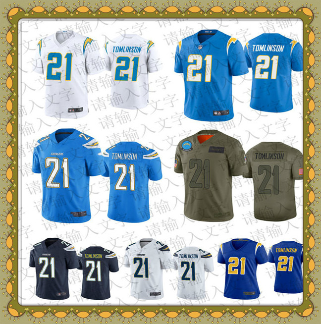 

Custom Men's women youth Los Angeles Chargers 21 LaDainian Tomlinson 100th season black blue Vapor Limited rush Football Jersey