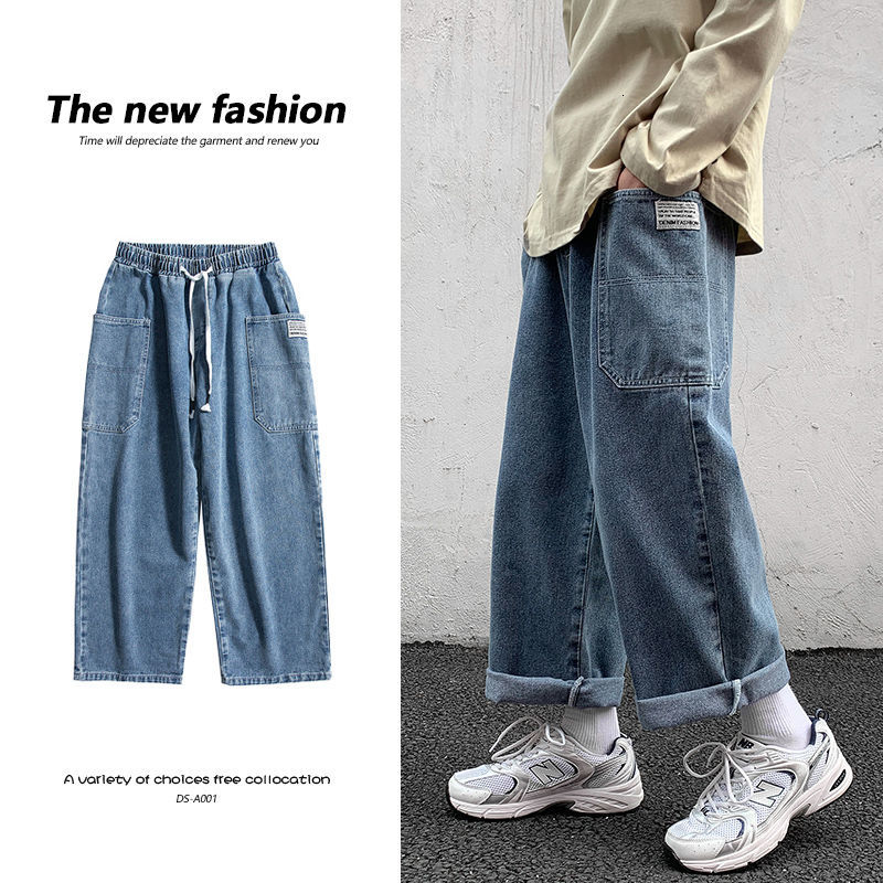 

New Men's 2021 Brim Pants Spring and Winter Fresh Patched Pocket Tools Nine Stitches M-5xl Slacks Male Clothes 7UQY, Light blue.