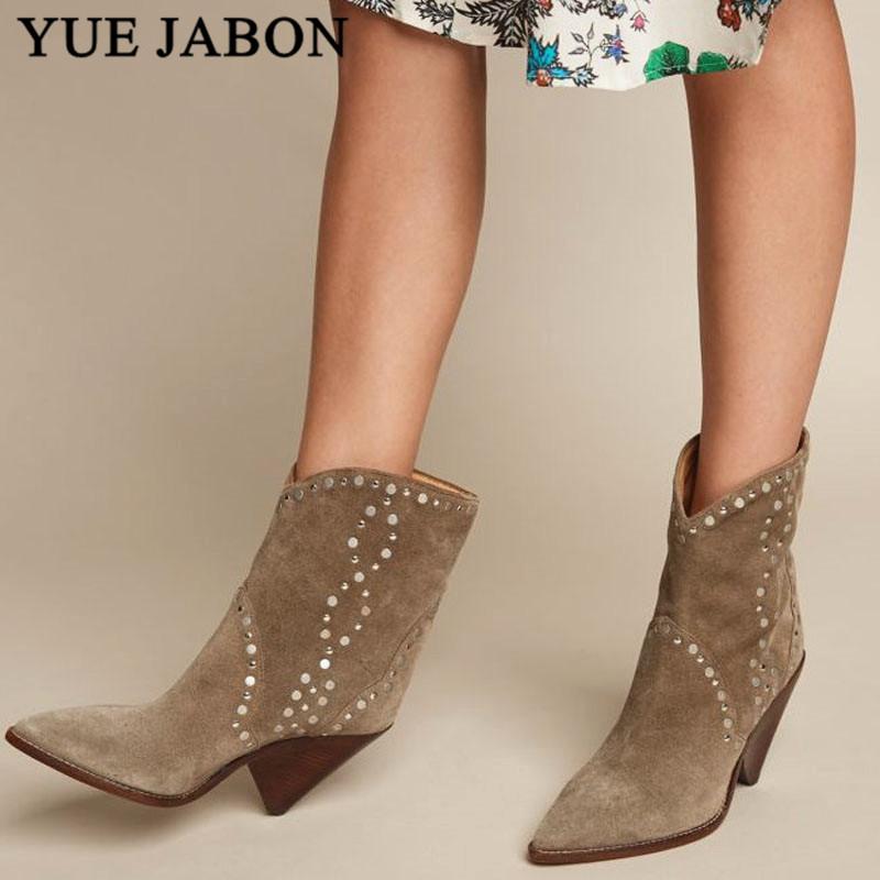 

YUE JABON Brown Suede Leather Women Ankle Boots Sexy Pointed Toe Slip On Cowboy Women Boots Shoes Chunky Heel Motorcycle Shoes, As pictures