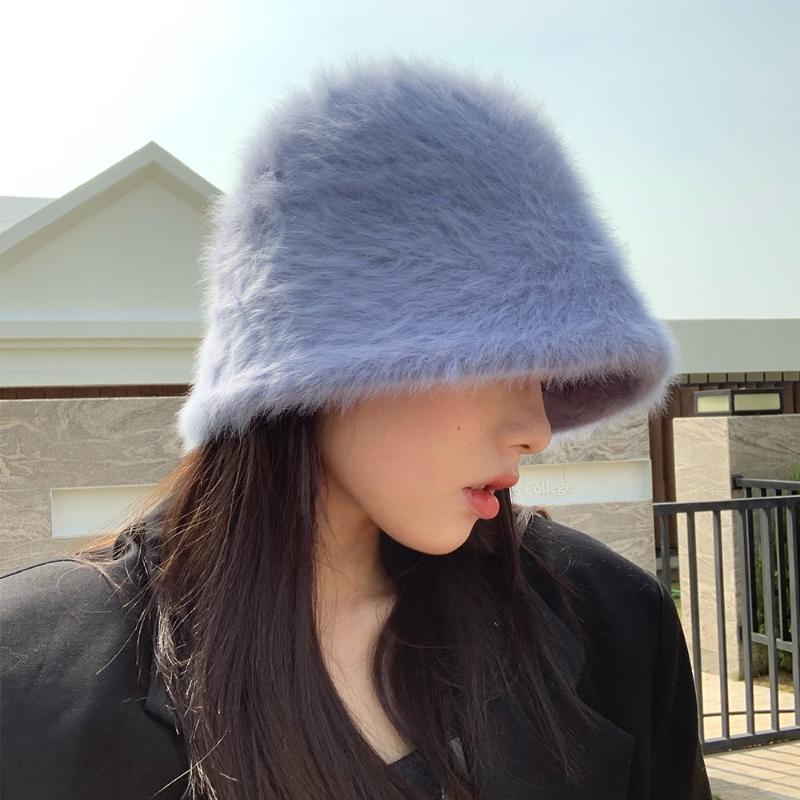 

Winter Women's Fashion Solid Color Fur Hat Bucket Cap Fisherman's Hat Retro Knitted Wool Basin Bucket, Black