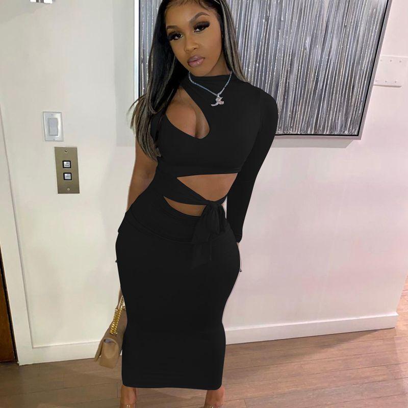 

Casual Dresses Hirigin Women Sexy Cut Out One Long Sleeve Midi Maxi Dress Beach Clubwear Night Party Bodycon Pencil With Sashes, Black