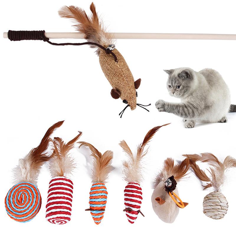 

7-Piece Cat Toy Set Funny Cat Mouse Sword Love Toy Set with Bell-Shaped Feather Wood Rod and Various Pet Training Toys