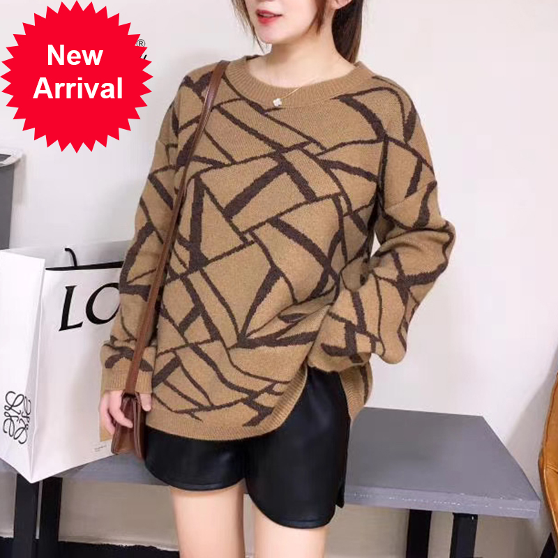 

Female blouses of large geometric size autumn long sleeve warm thick winter knitted casual jumper loose pullovers C-223-2, Khaki.