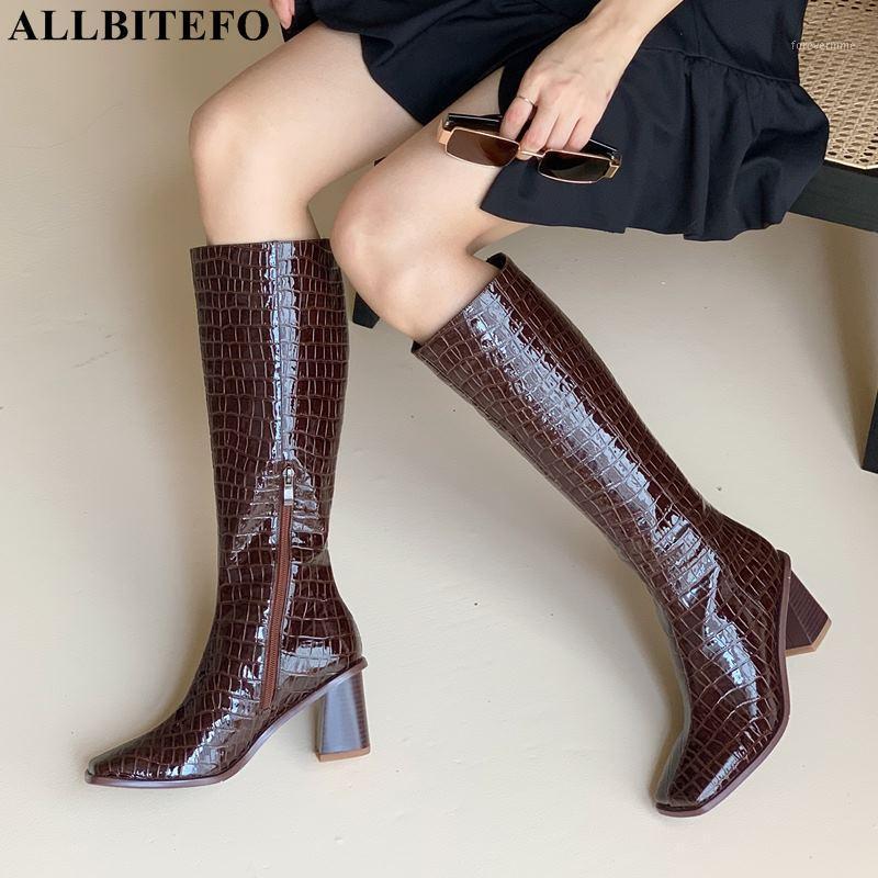 

ALLBITEFO hot sale genuine leather square toe brand high heels winter women boots thick heels long boots women knee high1, As picture