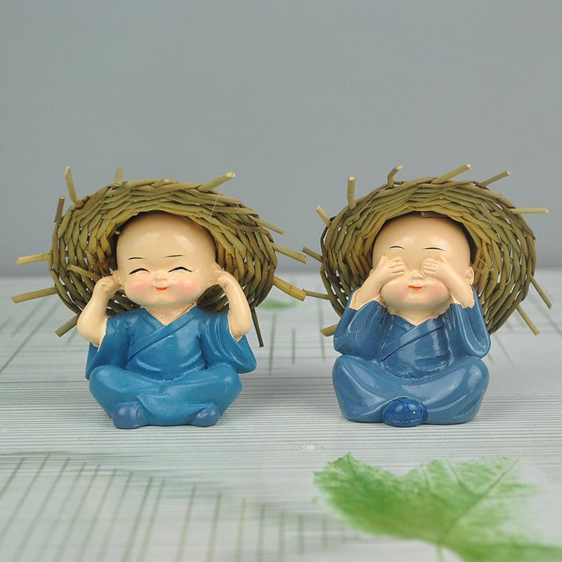 

4 Pcs with Straw Hat Four Monk Resin Handicraft Factory Direct Selling Small Decor Miniatures Figurine Home Decor Garden