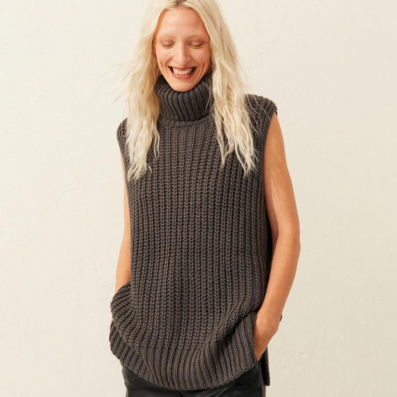 

Elina Fashion Autumn Winter Turtleneck Sweaters Women Elegant Loose Solid Sweater Women Sleeveless Sweaters Ladies, Beige