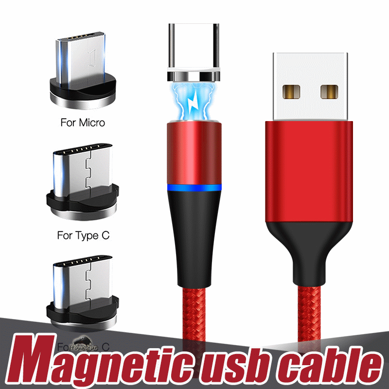 

New 3 in 1 Magnetic Charger Cable 2A Nylon LED Glowing Cord 1m Micro USB Date Type C Charging Cables For Mobile Phone, Gray + opp bag