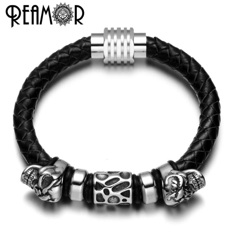 

REAMOR 17-21 cm Men Bracelets 316L Stainless Steel Skull Charms Beads Bangles 8 mm Genuine Leather with Magnet Clasp Bracelet