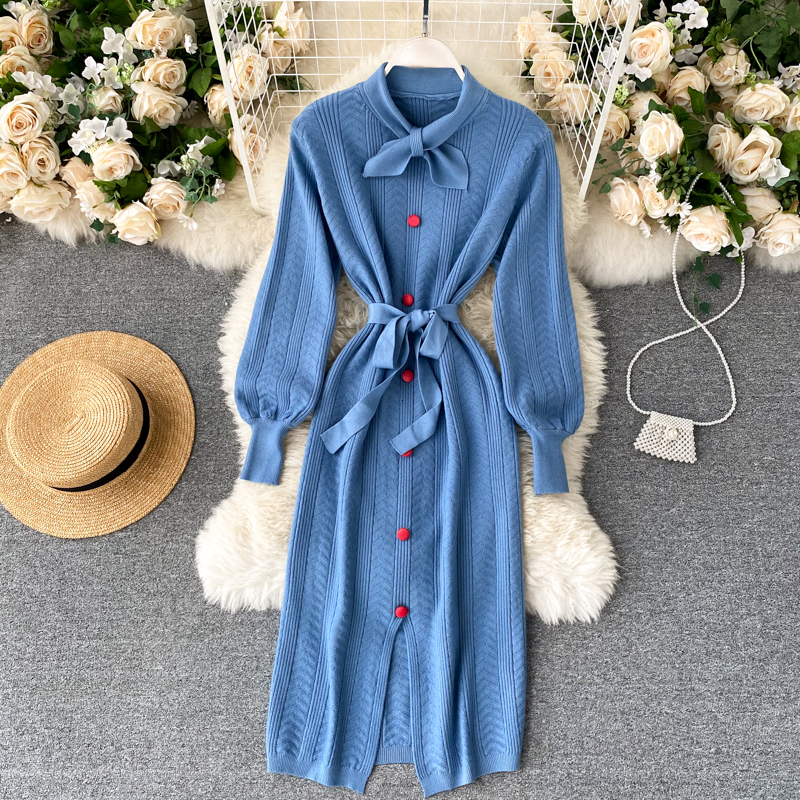 

2021 New Elegant female mesh bow long button dressed autumn sexy sharing gown in sweater 752S, Blue