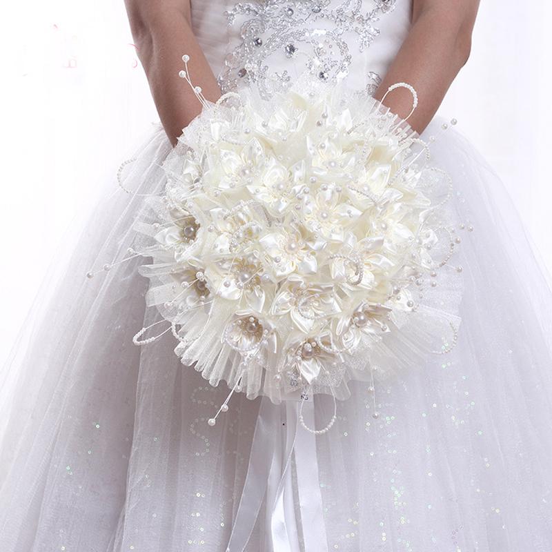 

European Style Wedding Flower Bouquet Bride Holding Flower Silk Rose Artificial Lace Patchwork Bride Bouquet Flowers, Beige