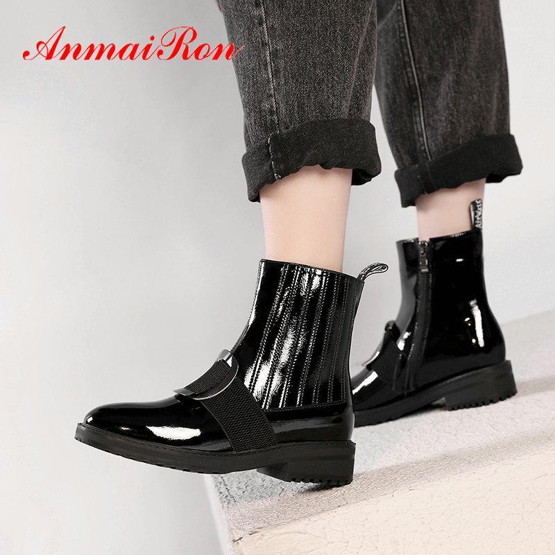 

ANMAIRON 2020 Ankle Boots for Women Round Toe Winter Boots Women Genuine Leather Motorcycle Square Heel Platform1, Black