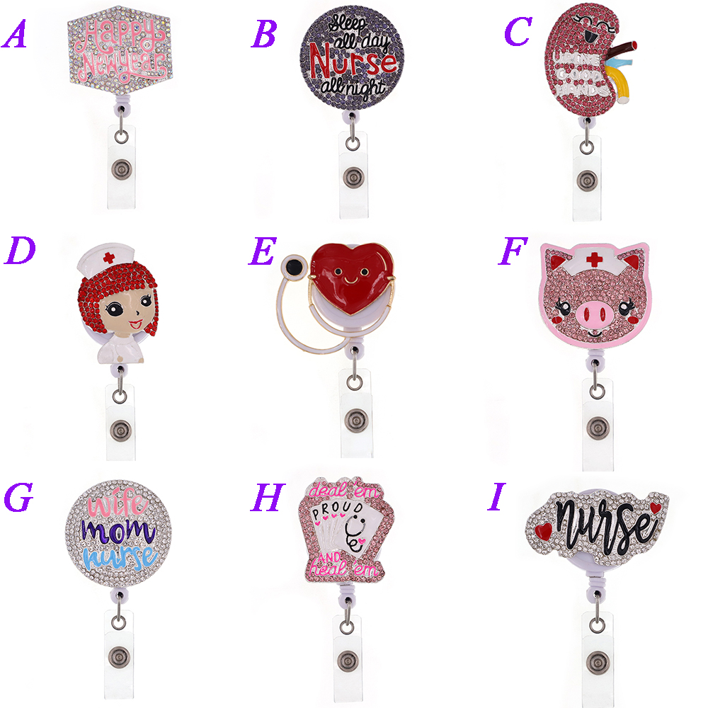 

1pc /5pcs /10pcs Cute Retractable Rhinestone Crystal Enamel Round WIFE MOM NURSE Love Heart Badge Reel Holder With Clip For Decoration