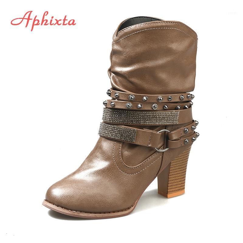 

Aphixta Big Size Rivet Boots In Ankle Boots Chaussure Vintage Buckle Girls Leather Square Chunky High Heels Bling Shoes Women1, Brown