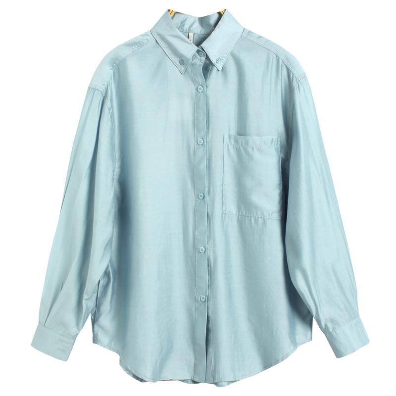 

Office Lady All-match Basic Solid Turn Down Collar Single Pocket Women Shirts Long Sleeve Poplin Womens Tops and Blouses, White