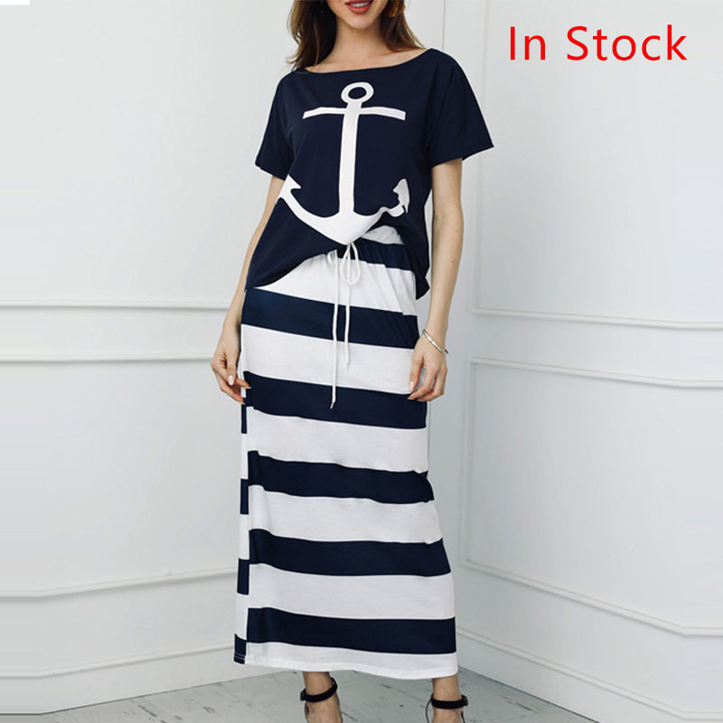

Women's 2 Piece Sets Boat Anchor Print T-Shirt and Striped Skirt Two Piece Set Women 2020 Spring Streetwear Casual Female Suits A1112, White