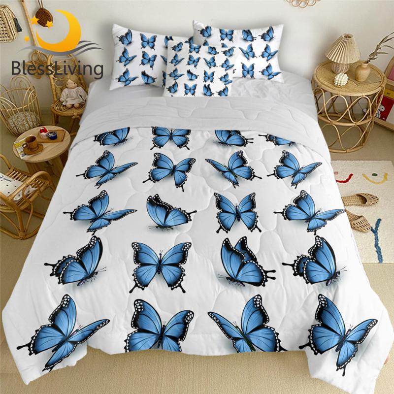

BlessLiving Butterfly Summer Quilt Set Blue Air-conditioning Comforter Beautiful Insect Bedding Elegant couette de lit 4pcs
