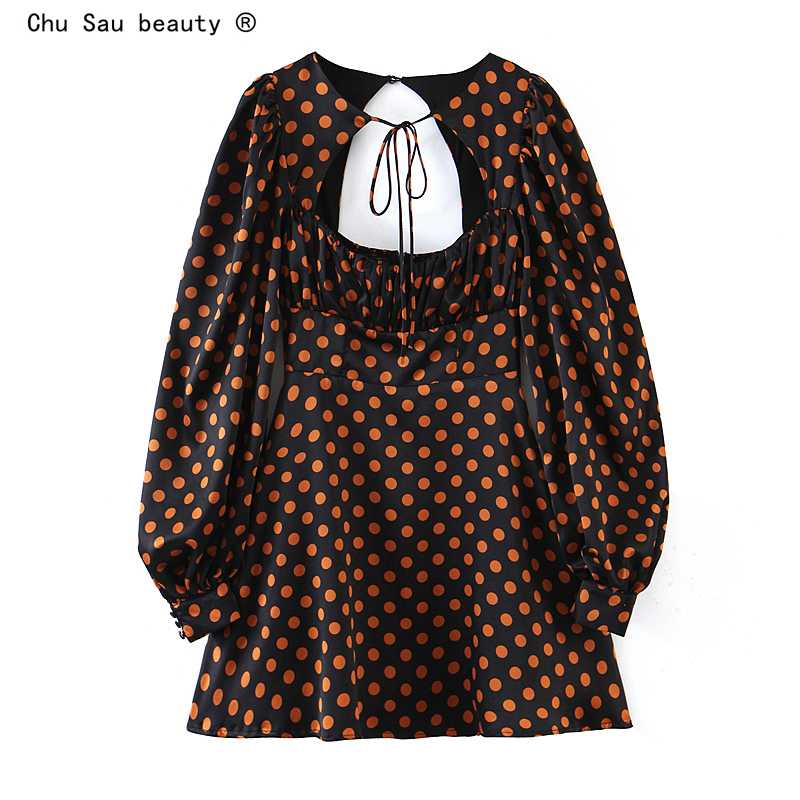 

2020 spring autumn women street style vintage sexy hollow backless puff long sleeve polka dot print high waist mini dresses, Black