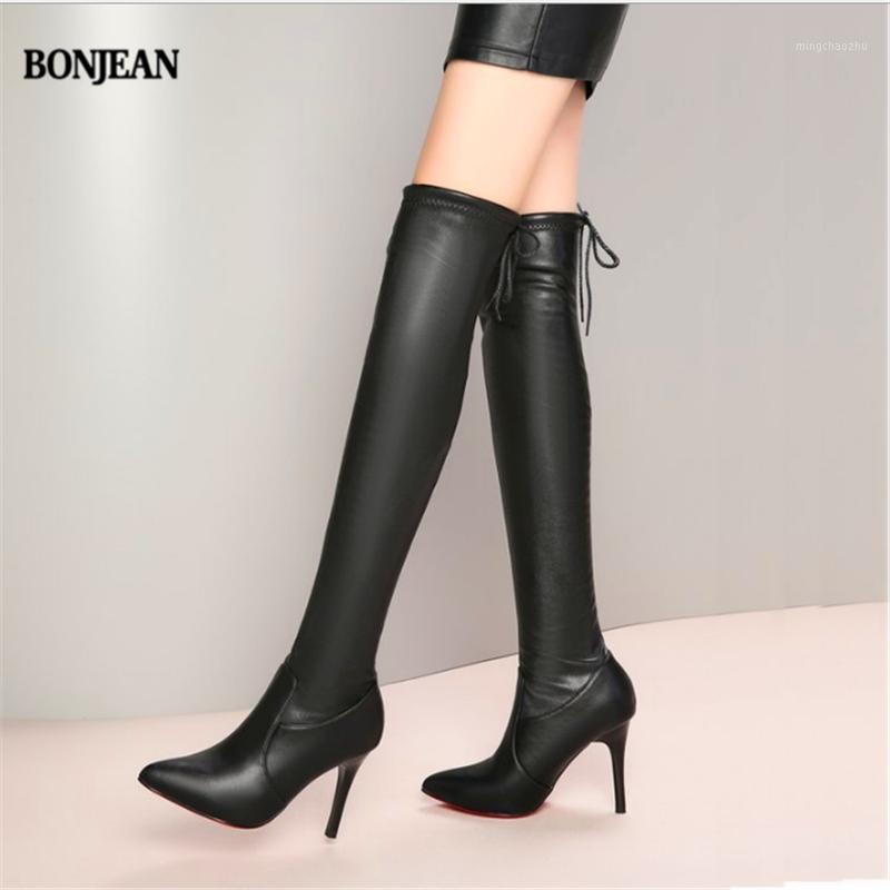 

BONJEAN Leather boots women's new fall/winter 2020 sexy thin heel pointy over-the-knee boots lace-up elastic1, Black