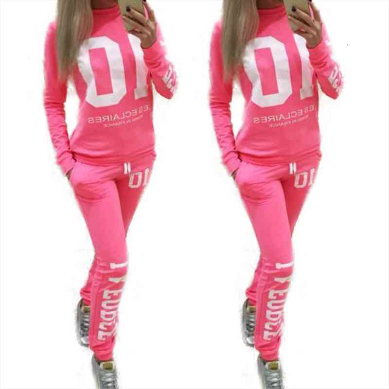 

2 pieces set women clothing autumn number printed sweatshirt and pants casual sweatpants sweatshirt sports suits women set, White
