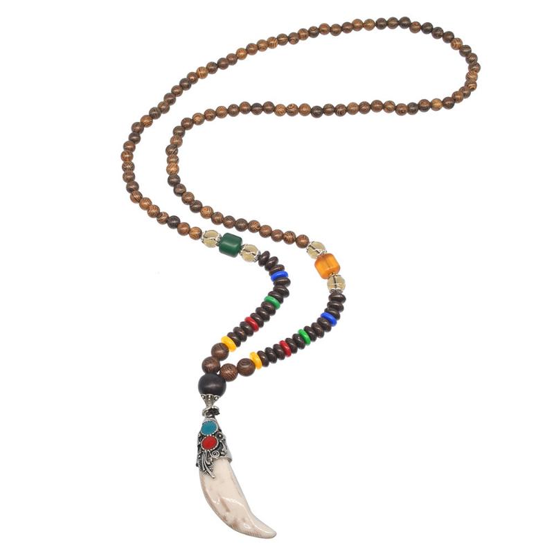 

Retro Ethnic Wooden White Stone Pendant Long Necklaces for Man Women Nepalese Wooden Beads Sweater Chain Gifts