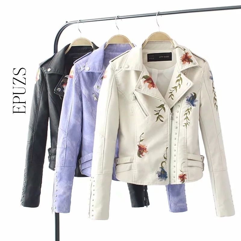 

Vintage Floral embroidered pu leather jacket women zipper rivet moto faux biker jacket Streetwear faux jacket 201030, Purple