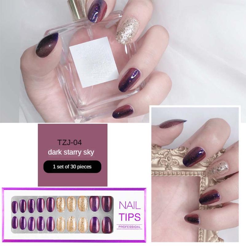 

30pcs Fashion Detachable False Nails Wearable Round Head Fake Nails Full Cover Nail Tips Artificial Tips Manicure Tool, Tzj-12