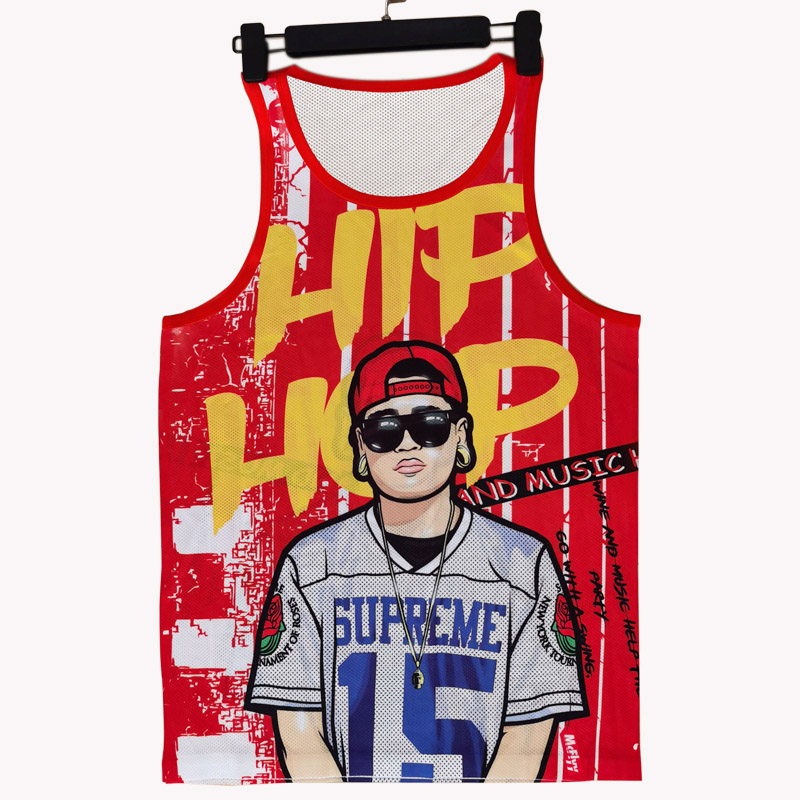 

Red Loose mesh fabric breathable Men's Tank Tops logo hip hop portrait digital print sport vest