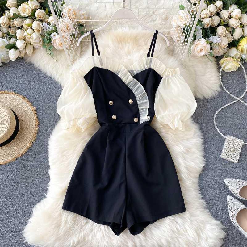 

Jumpsuit Summer Wear for Women 2020 New Sweet Wooden Ear Contrasting Color Stitching Short Sleeve Short Wide Leg Playsuits N0781, Black