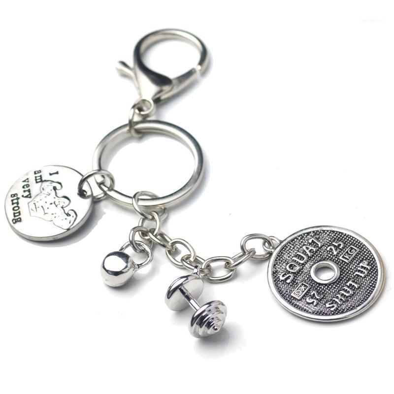 

Kettlebell Weight Plate Dumbbell Keychain CrossFit Bodybuilding I am Very Strong Charms Key Chains Men Sports Gym Jewelry1