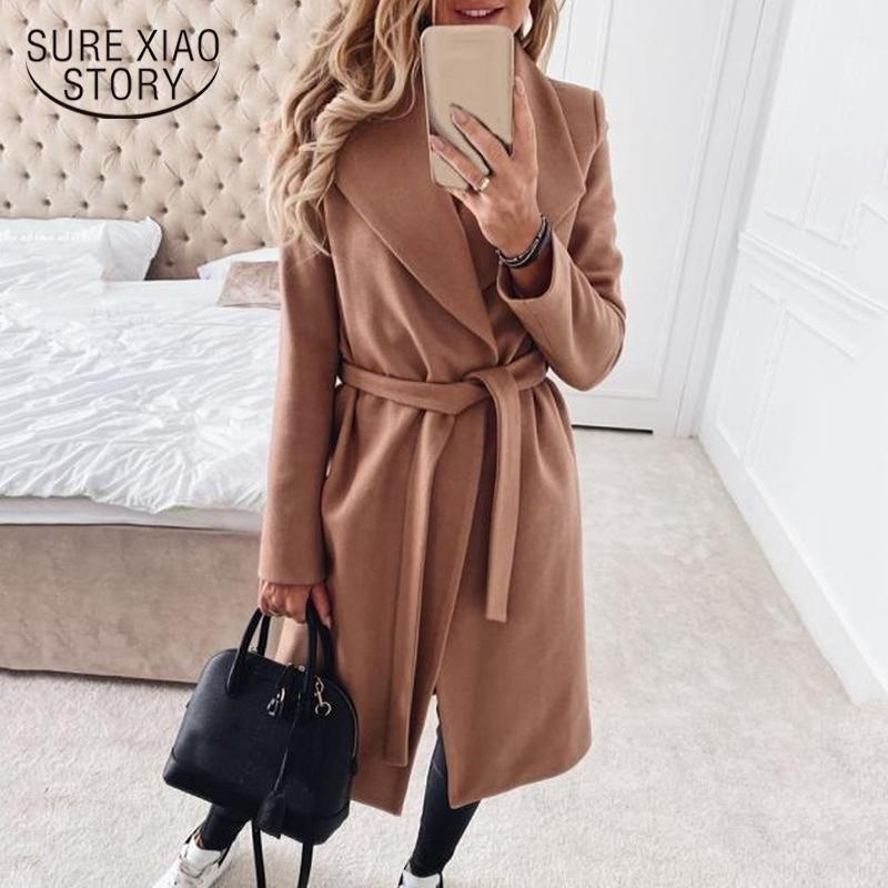 

Autumn/winter Fashion Strap Lapel Coat New Long Coat Women Cashmere Thick Oversized Outwears Adjustable Waist 126451, Apricot