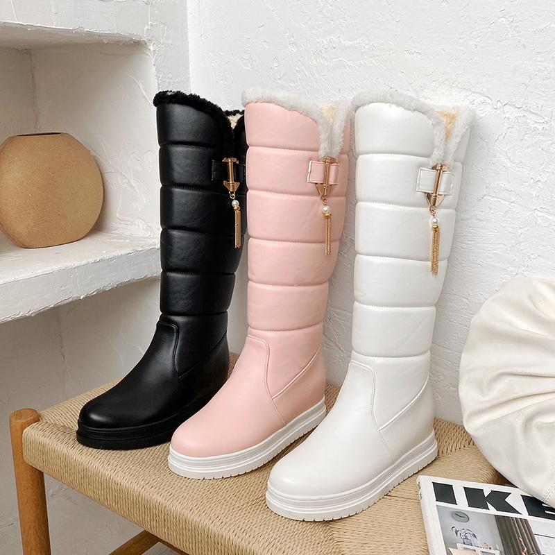 

Winter Warm Plush Knee High Boots Women Comfy Flat Heel Snow Boots Slip On Platform Woman Long Sweet Simple Casual Shoes, 3 pink