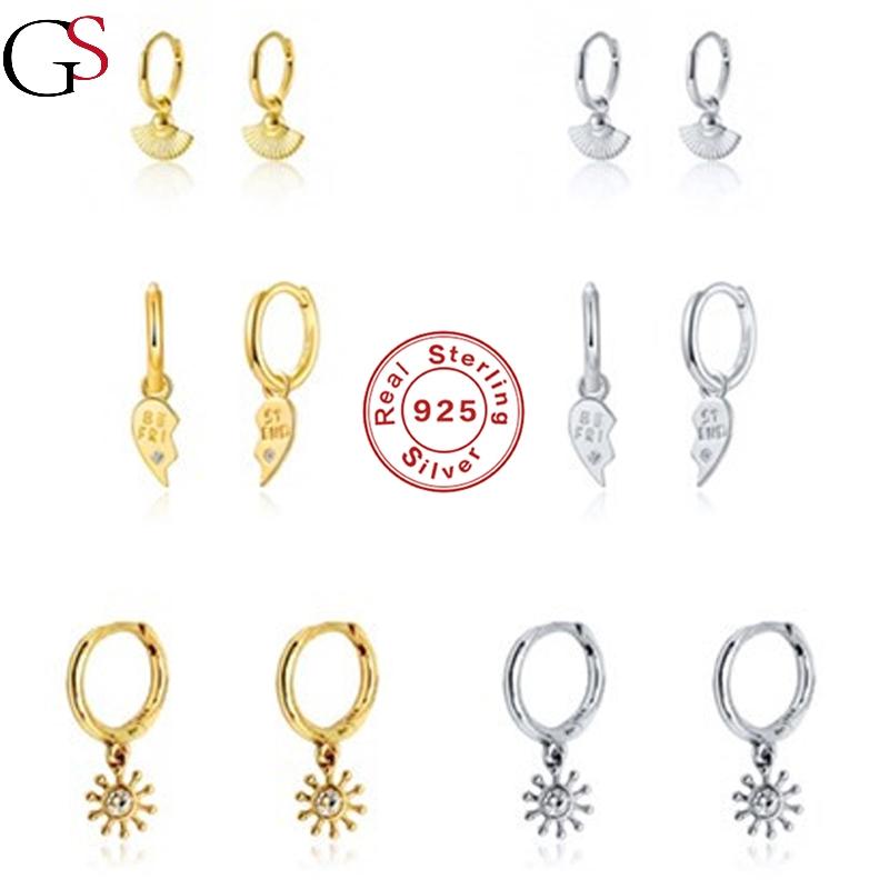 

GS Women Hoop Earring 925 Sterling Silver Fan Heart Sun Shape Pendientes All-match Boucle Oreille Femme For Party Anniversary